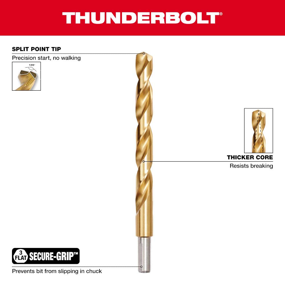 JUEGO DE 14 BROCAS PARA METAL MADERA Y PVC THUNDERBOLT ACABADO TITANIO: BROCAS 9/64" 7/64" 7/32" 5/64" 5/32" 5/16" 3/8" 3/32" 3/16"1/8" 1/4"1/2" Y 1/16" MILWAUKEE