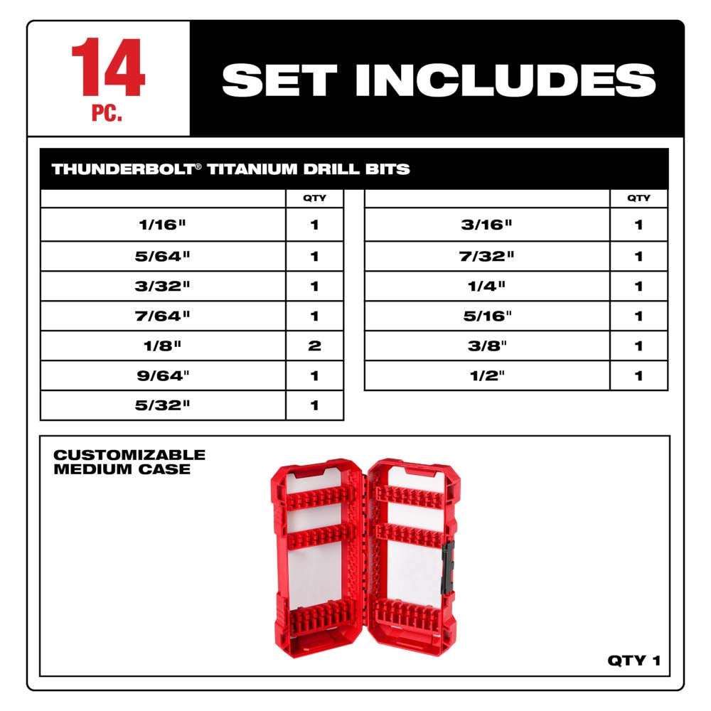 JUEGO DE 14 BROCAS PARA METAL MADERA Y PVC THUNDERBOLT ACABADO TITANIO: BROCAS 9/64" 7/64" 7/32" 5/64" 5/32" 5/16" 3/8" 3/32" 3/16"1/8" 1/4"1/2" Y 1/16" MILWAUKEE