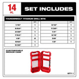 JUEGO DE 14 BROCAS PARA METAL MADERA Y PVC THUNDERBOLT ACABADO TITANIO: BROCAS 9/64" 7/64" 7/32" 5/64" 5/32" 5/16" 3/8" 3/32" 3/16"1/8" 1/4"1/2" Y 1/16" MILWAUKEE