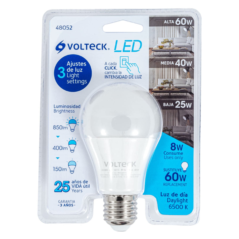 LAMPARA LED 8W/127V. TIPO BULBO 3 NIVELES DE ILUMINACION LUZ DE DIA 6500K LED-60FA 48052 TRUPER