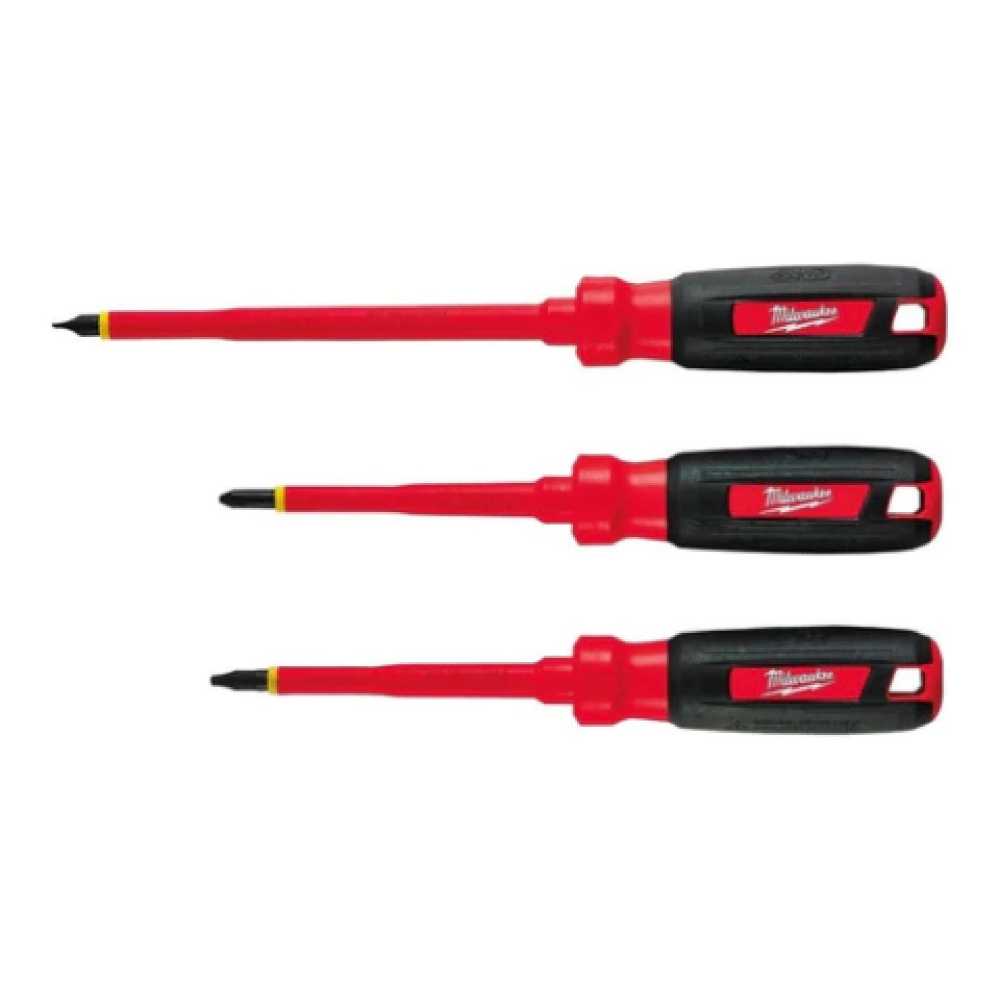 KIT DE DESTORNILLADORES AISLADOS 1000V **3 PIEZAS** INCLUYE (1) #1 ECX 4" (1) PILLIPS #2 X 4" (1) RANURADO 1/4" X 6" MILWAUKEE