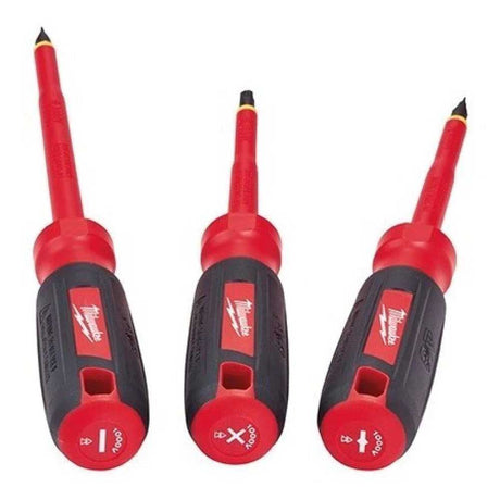 KIT DE DESTORNILLADORES AISLADOS 1000V **3 PIEZAS** INCLUYE (1) #1 ECX 4" (1) PILLIPS #2 X 4" (1) RANURADO 1/4" X 6" MILWAUKEE