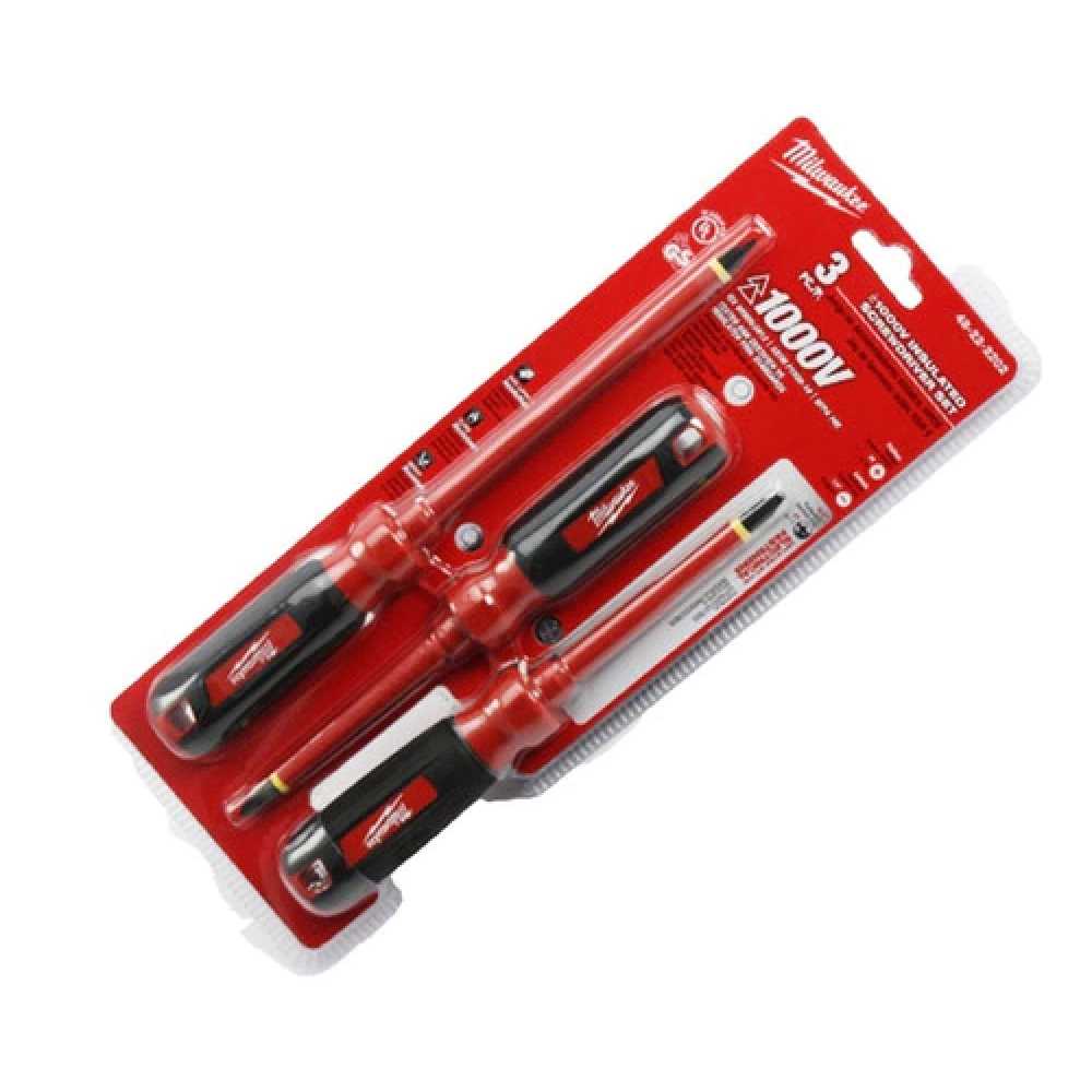 KIT DE DESTORNILLADORES AISLADOS 1000V **3 PIEZAS** INCLUYE (1) #1 ECX 4" (1) PILLIPS #2 X 4" (1) RANURADO 1/4" X 6" MILWAUKEE