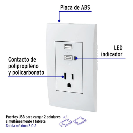 PLACA CON 2 PUERTOS USB Y CONTACTO 2 POLOS + TIERRA TRUPER *** OFRECER TR7765W-BOX O TR7741W-BOX ***