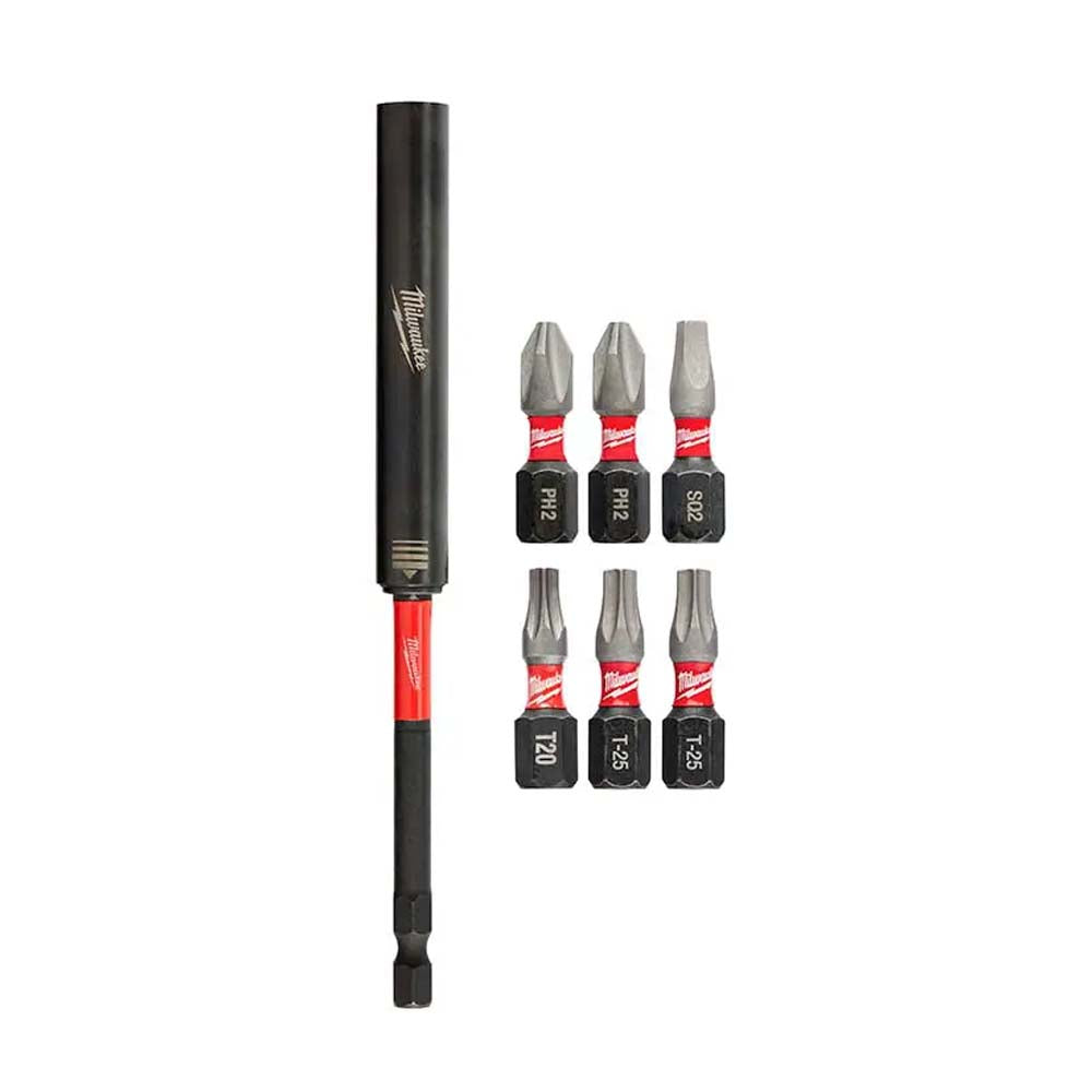 KIT DE EXTENSIONES MAGNETICAS P/DESTORNILLADOR DE IMPACTO DE 6": 2 BROCAS INSERCION T25 1 BROCA INSERCION T20 1 BROCA INSERCION SQ2 2 BROCA INSERCION PH2 1 GUIA MAGNETICA 6" MILWAUKEE