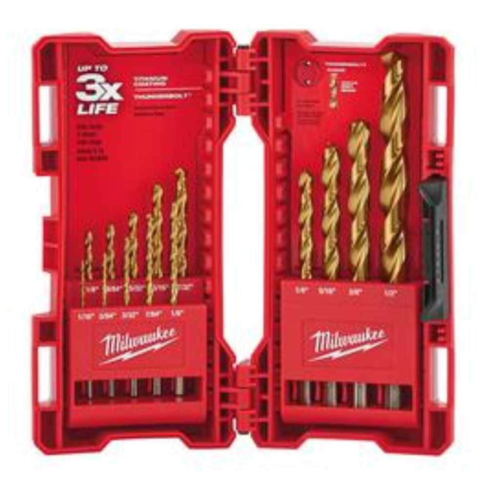 JUEGO DE 14 BROCAS PARA METAL MADERA Y PVC THUNDERBOLT ACABADO TITANIO: BROCAS 9/64" 7/64" 7/32" 5/64" 5/32" 5/16" 3/8" 3/32" 3/16"1/8" 1/4"1/2" Y 1/16" MILWAUKEE