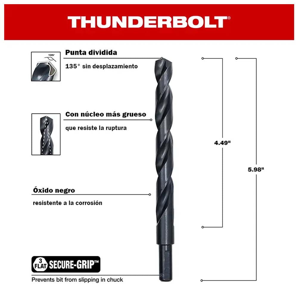 BROCA PARA METAL MADERA Y PVC THUNDERBOLT ACABADO OXIDO NEGRO 1/2" MILWAUKEE