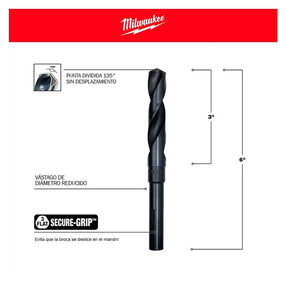BROCA PARA METAL MADERA Y PVC HSS ACERO DE ALTA VELOCIDAD OXIDO NEGRO 5/8" MILWAUKEE