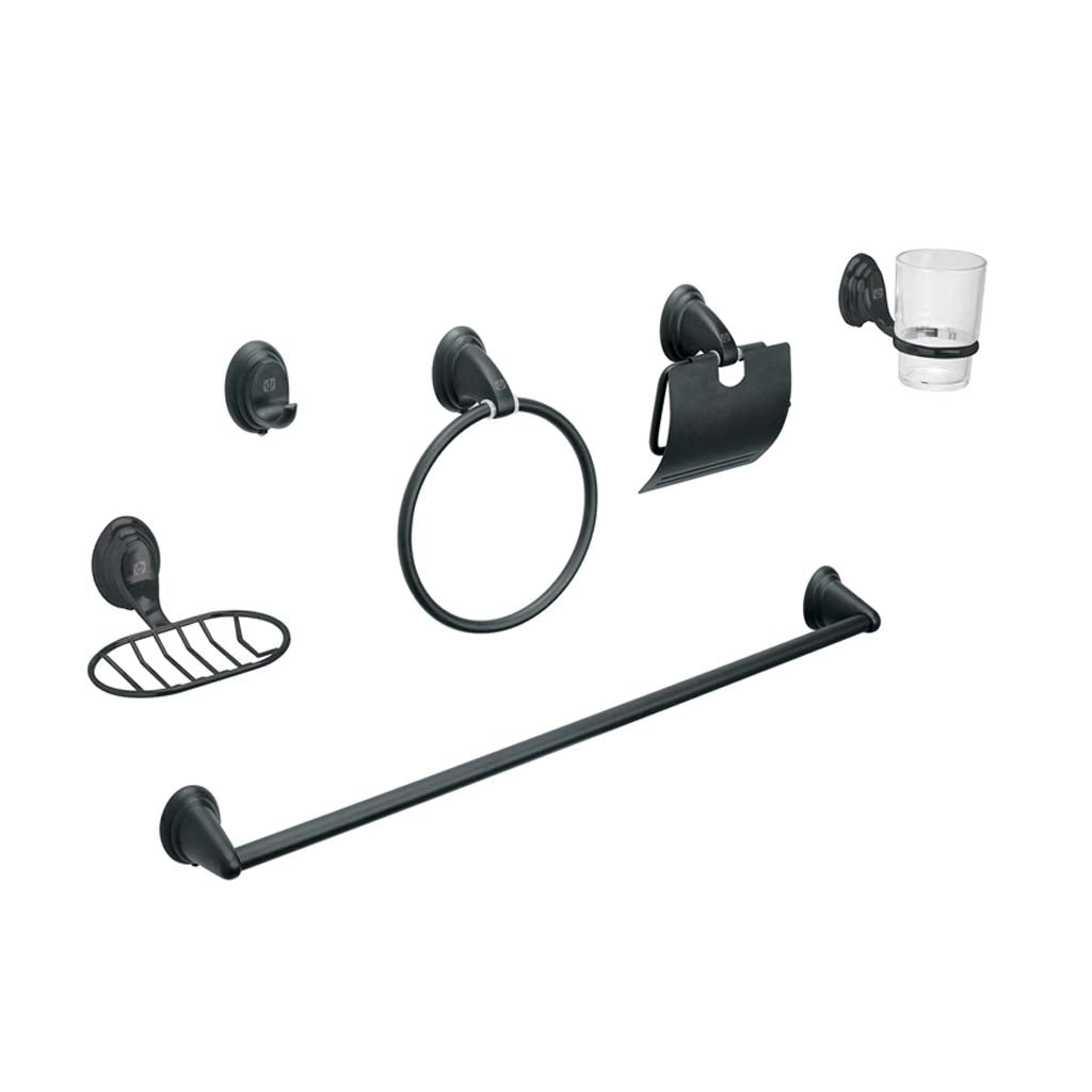 JUEGO DE 6 ACCESORIOS PARA BAÑO NEGRO MATE CHAPETÓN OVALADO FOSET AQUA