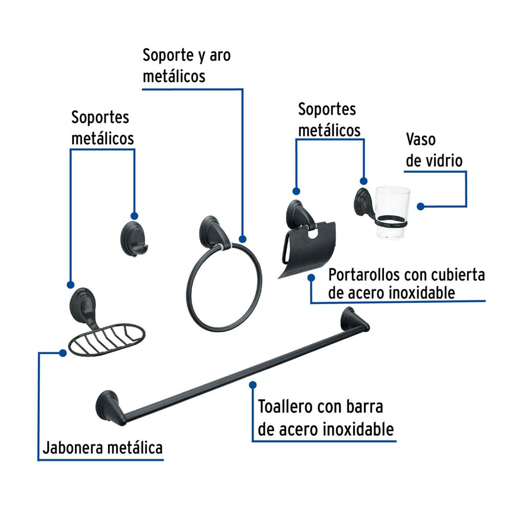 JUEGO DE 6 ACCESORIOS PARA BAÑO NEGRO MATE CHAPETÓN OVALADO FOSET AQUA