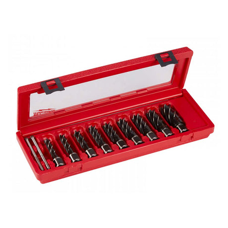 JUEGO DE 9 CORTADORES ANULARES: CORTADORES 1/2" 9/16" 5/8" 11/16" 3/4" 13/16" 7/8" 15/16" 1/2" 1-1/16" 1-1/16" 2 PASADORES EYECTOR 2 PASADORES PILOTOS RECTACTILES MILWAUKEE