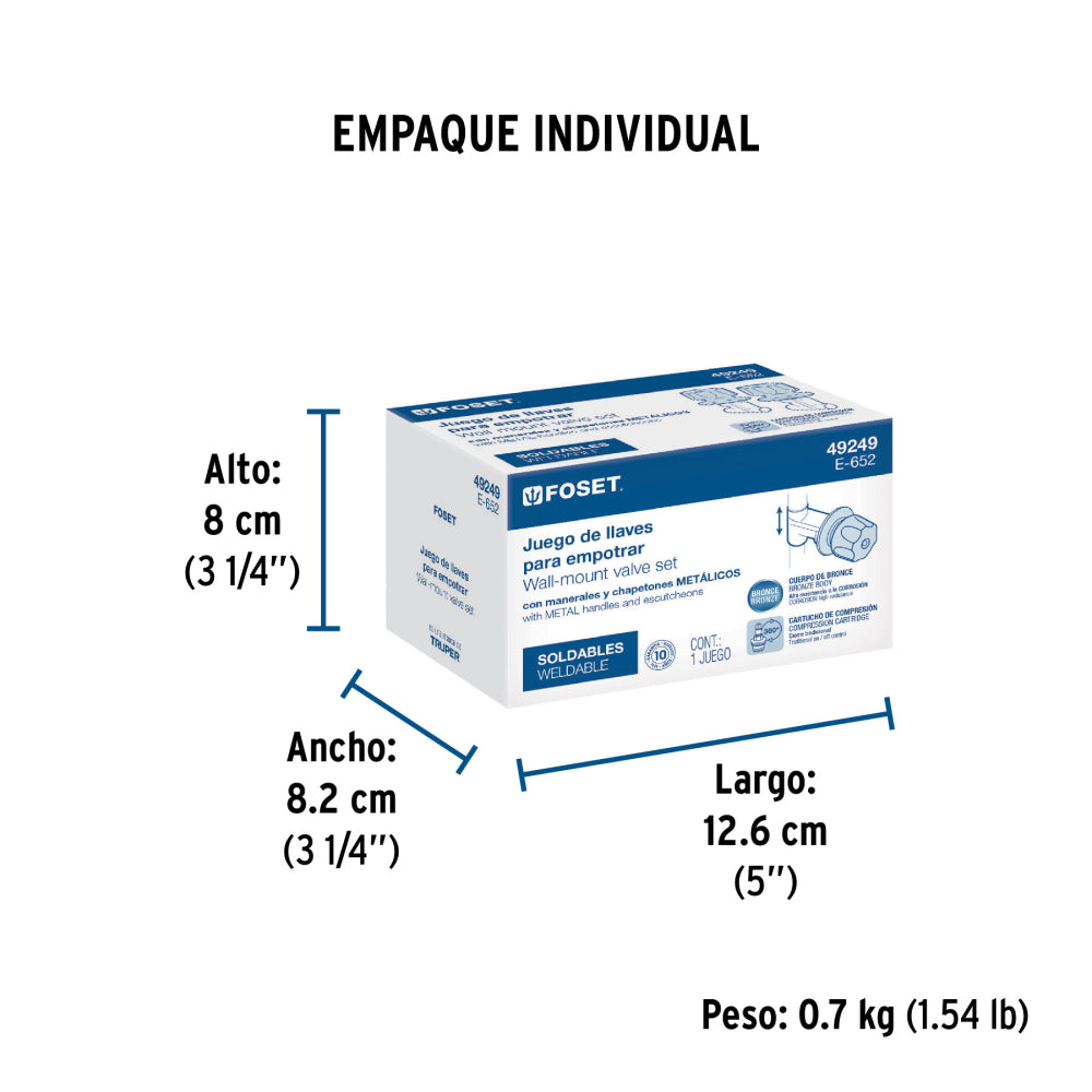 JUEGO 2 LLAVES EMPOTRAR REGADERA SOLDABLES CUBO BASIC MCA TRUPER FOSET