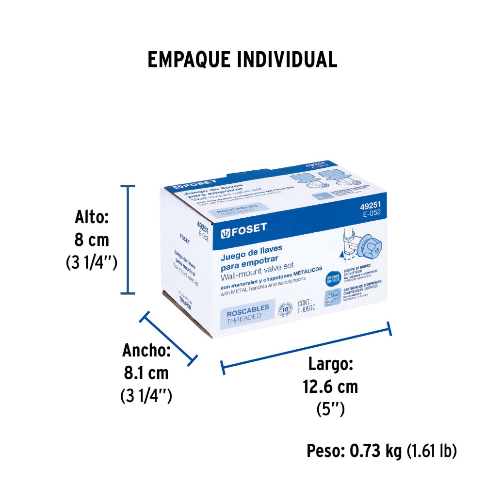 JUEGO 2 LLAVES EMPOTAR REGADERA ROSCABLE CUBO BASIC 49251 FOSET