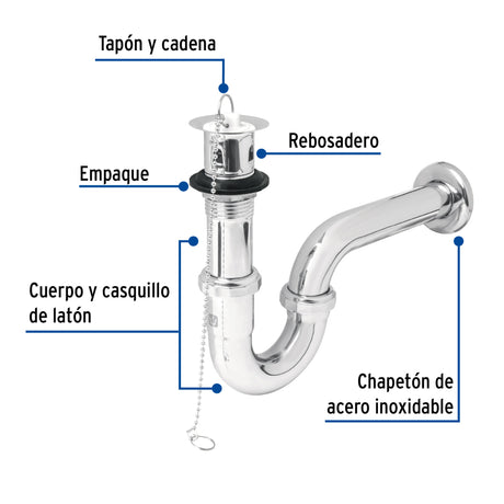 CESPOL P/LAVABO LATON C/CONTRA TAPON Y CADENA CROMO1-1/4" MCA TRUPER FOSET