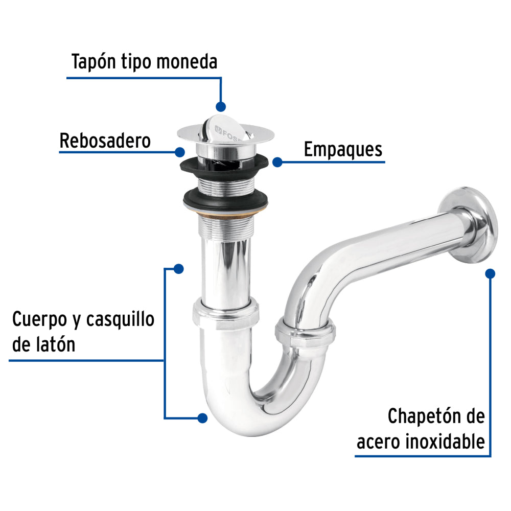 CESPOL P/LAVABO LATON C/CONTRA TIPO MONEDA CROMO 1-1/4" TRUPER FOSET