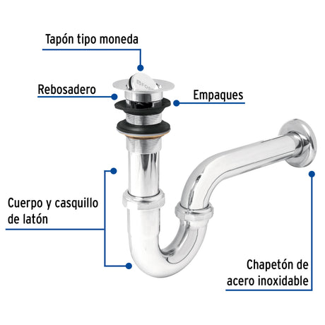 CESPOL P/LAVABO LATON C/CONTRA TIPO MONEDA CROMO 1-1/4" TRUPER FOSET