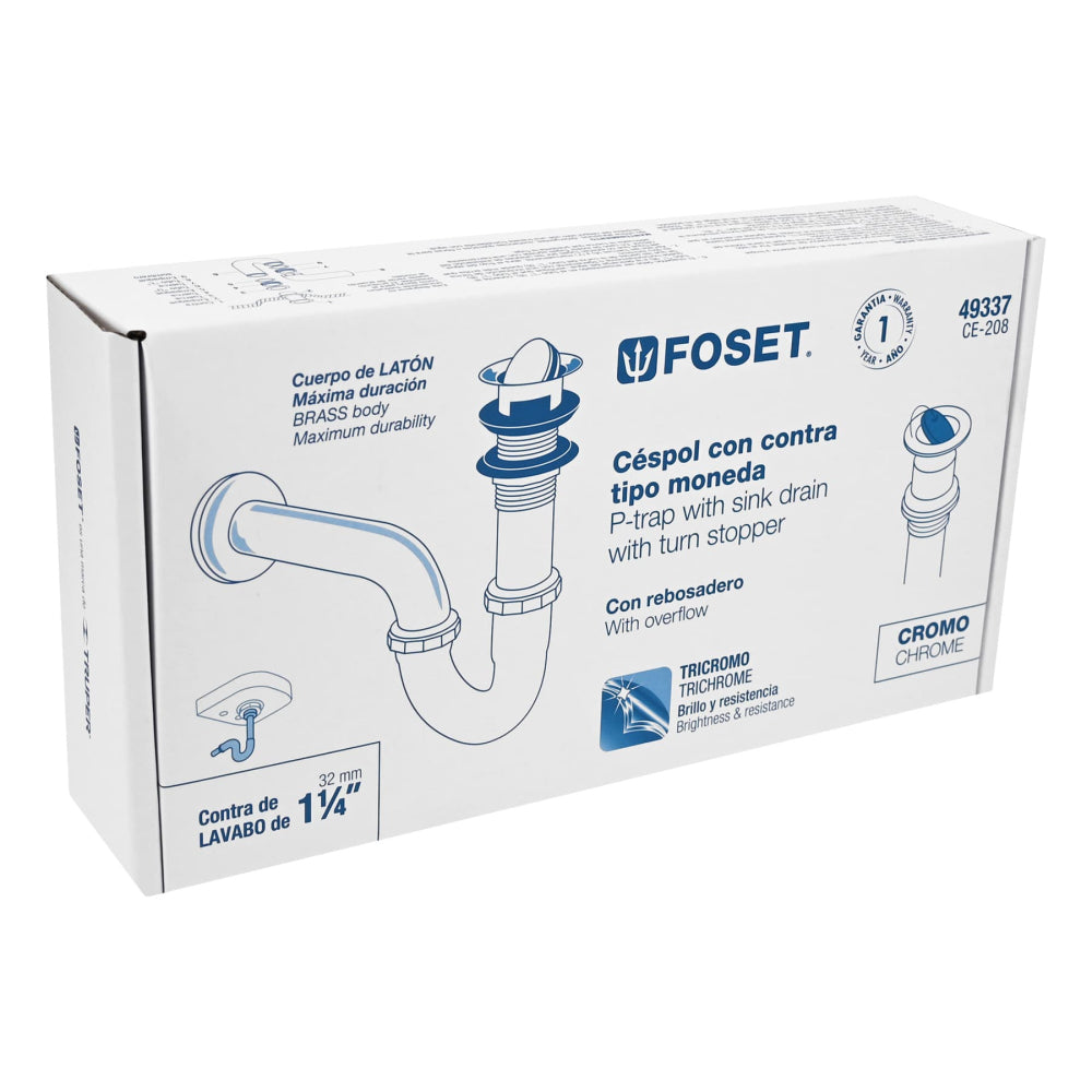 CESPOL P/LAVABO LATON C/CONTRA TIPO MONEDA CROMO 1-1/4" TRUPER FOSET