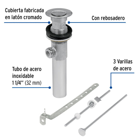 CONTRA P/LAVABO C/REBOSADERO Y SIST AUTOMATICO CROMO 1-1/4 MCA TRUPER FOSET