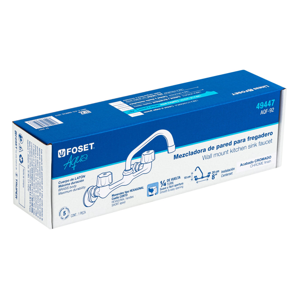 MEZCLADORA INOX 8" PARA FREGADERO CONEXIONES DE PARED FOSET AQUA
