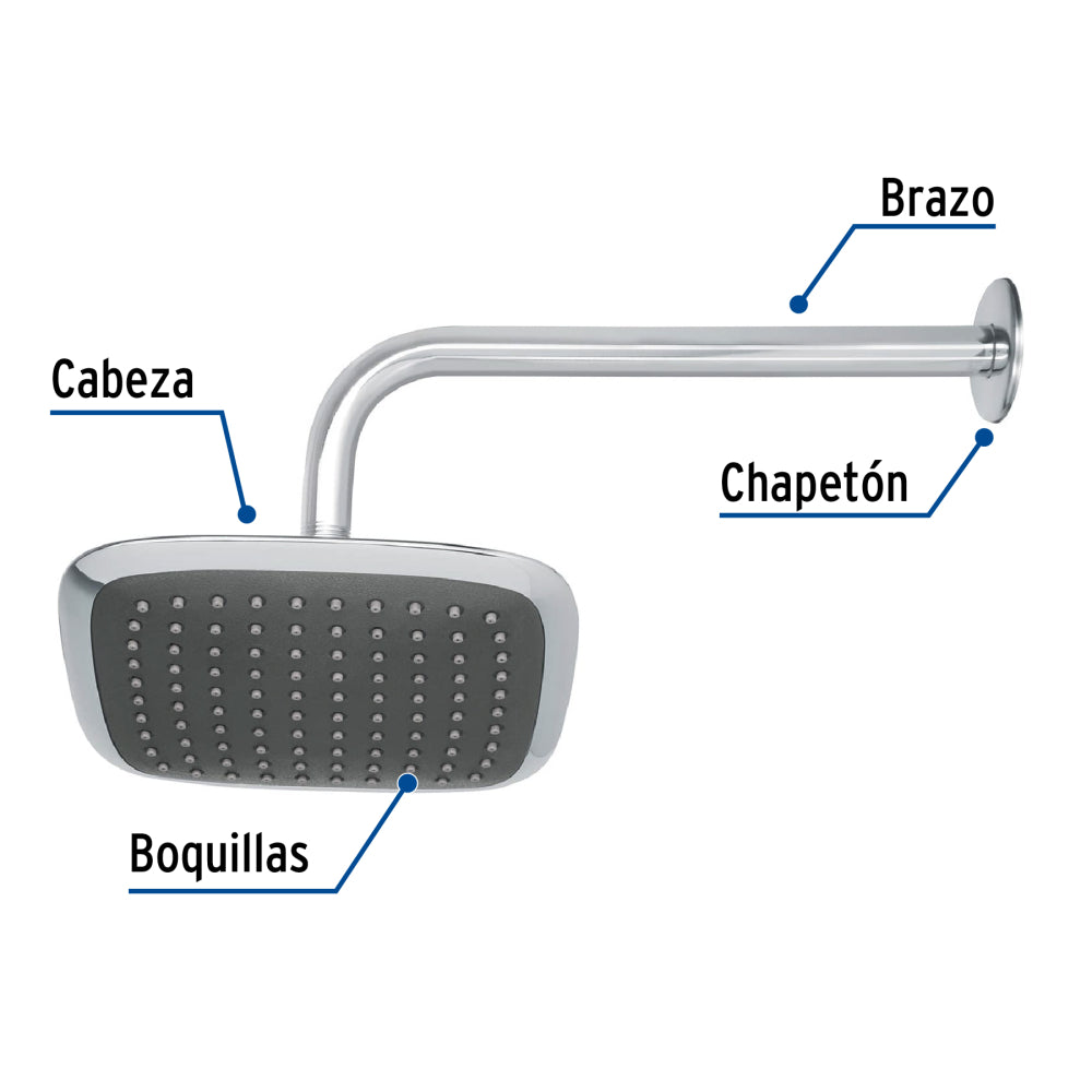 REGADERA CUADRADA PLATO ANCHO 8" BRAZO INOX A MURO FOSET AERO