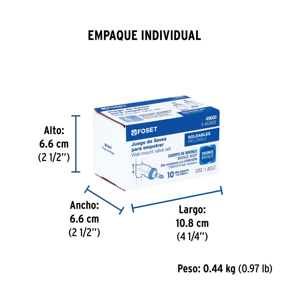 JUEGO 2 LLAVES EMPOTRAR SOLDABLES CERAMICO DE 1/4 VUELTA MCA TRUPER FOSET