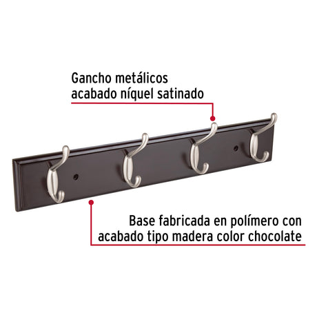 PERCHERO NEGRO P/ PARED C 4 GANCHOS SATINADOS HERMEX
