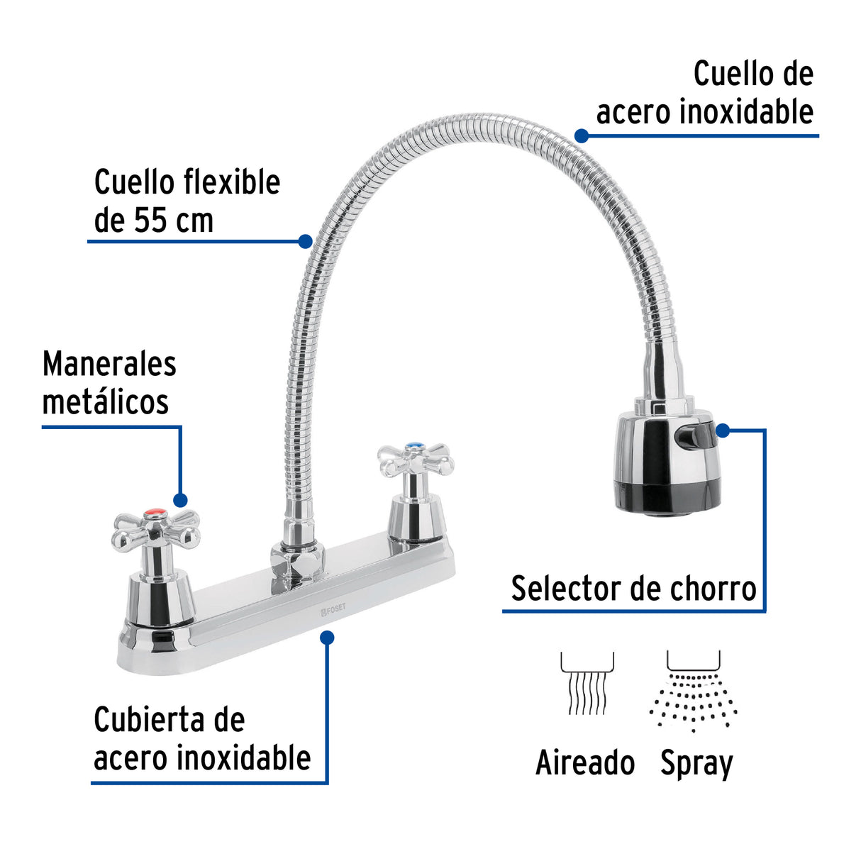 MEZCLADORA INOXIDABLE 8" PARA FREGADERO FLEXIBLE LLAVE TIPO CRUCETA FOSET AQUA