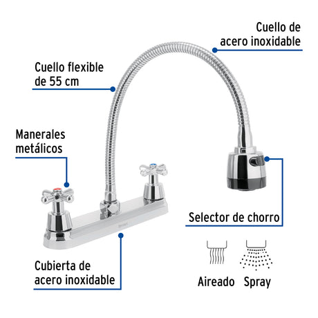 MEZCLADORA INOXIDABLE 8" PARA FREGADERO FLEXIBLE LLAVE TIPO CRUCETA FOSET AQUA