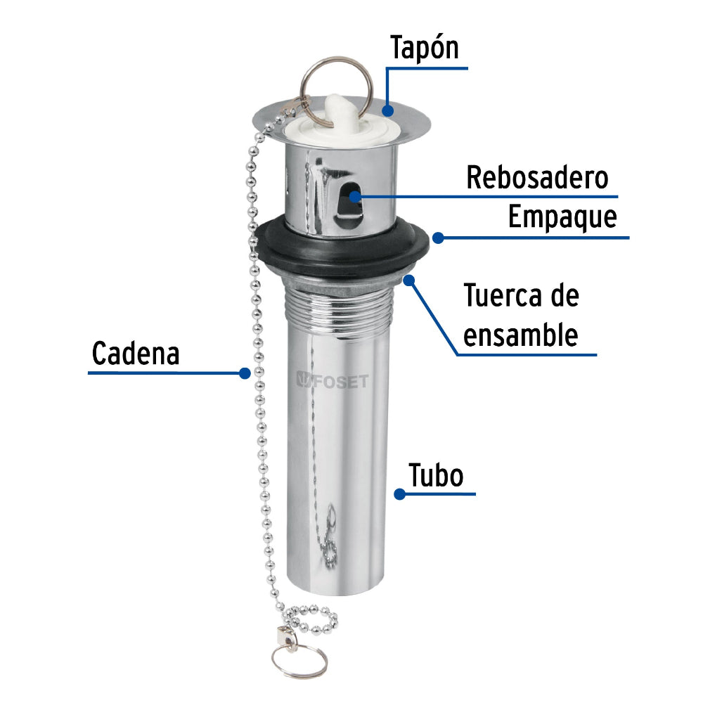 CONTRA P/LAVABO C/REBOSADERO TAPON Y CADENA CROMO 1-1/4" MCA TRUPER FOSET
