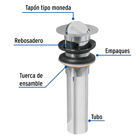 CONTRA P/LAVABO CON REBOSADERO TIPO MONEDA CROMO 1-1/4" MCA TRUPER FOSET