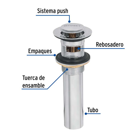 CONTRA P/LAVABO CON REBOSADERO SISTEMA PUSH CROMO 1-1/4" MCA TRUPER FOSET