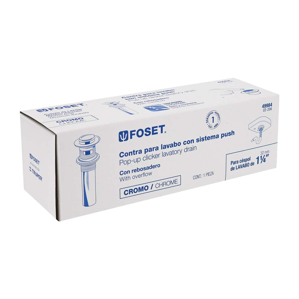 CONTRA P/LAVABO CON REBOSADERO SISTEMA PUSH CROMO 1-1/4" MCA TRUPER FOSET