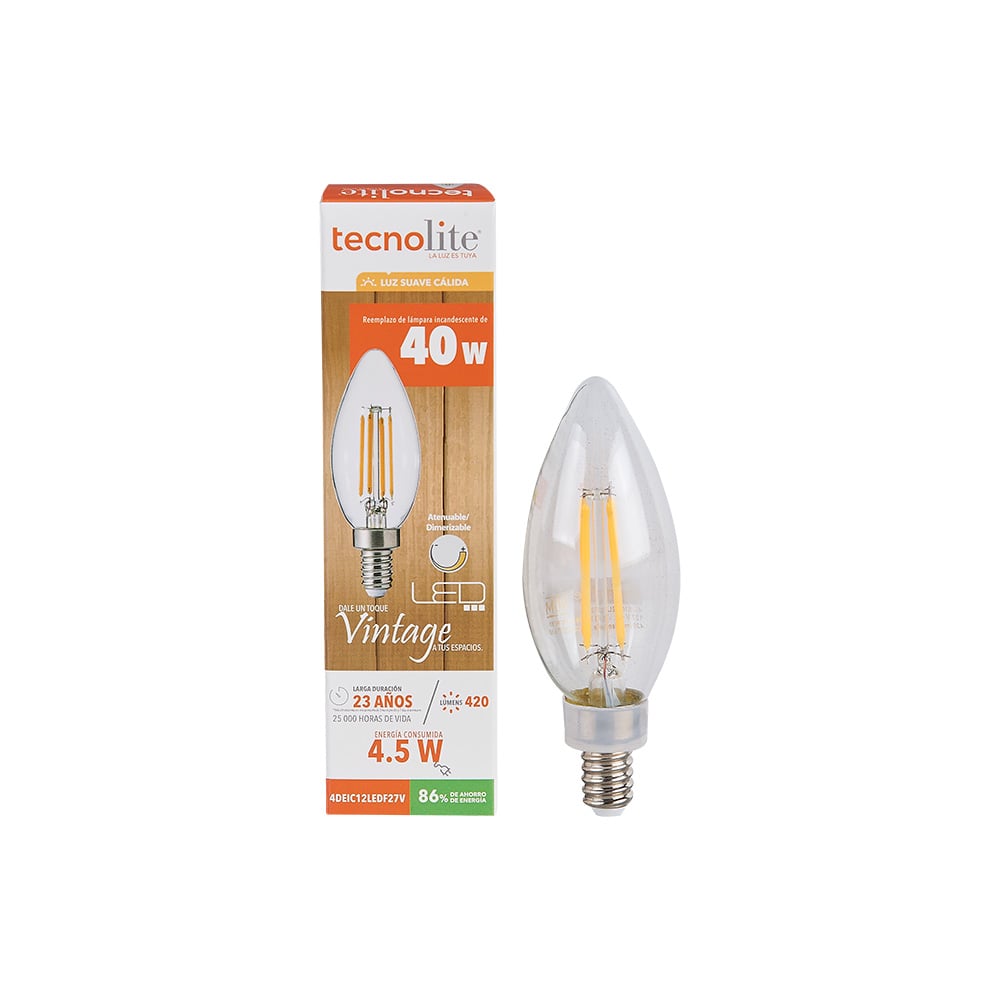 FOCO LED TECNOLITE TIPO VELA FILAMENTO ATENUABLE 4.5W LUZ SUAVE CÁLIDA BASE E12
