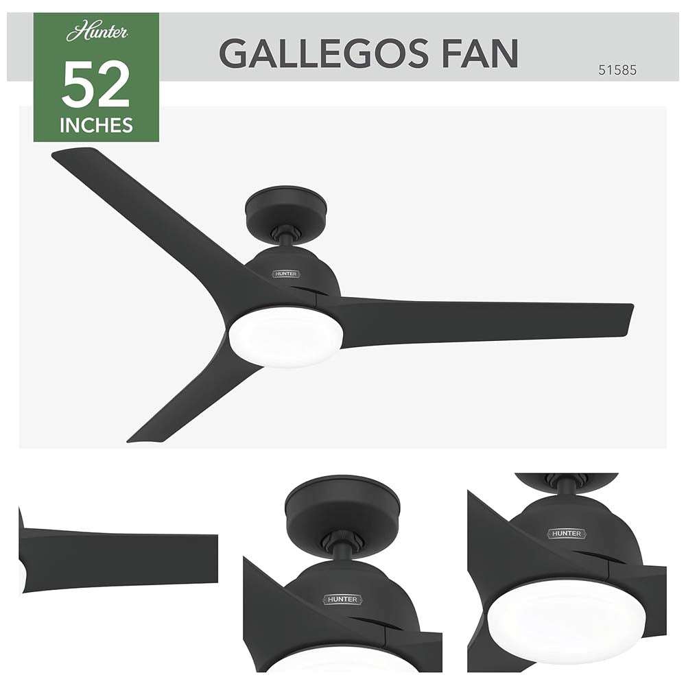 VENTILADOR TECHO 3 ASPAS 52 PULGADAS CON LUZ LED GALLEGOS NEGRO MATE 51585 HUNTER