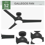 VENTILADOR TECHO 3 ASPAS 52 PULGADAS CON LUZ LED GALLEGOS NEGRO MATE 51585 HUNTER