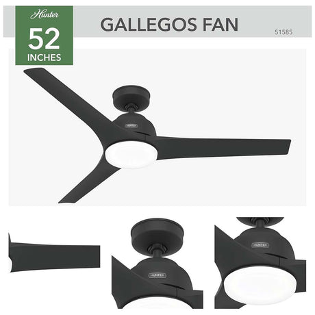 VENTILADOR TECHO 3 ASPAS 52 PULGADAS CON LUZ LED GALLEGOS NEGRO MATE 51585 HUNTER