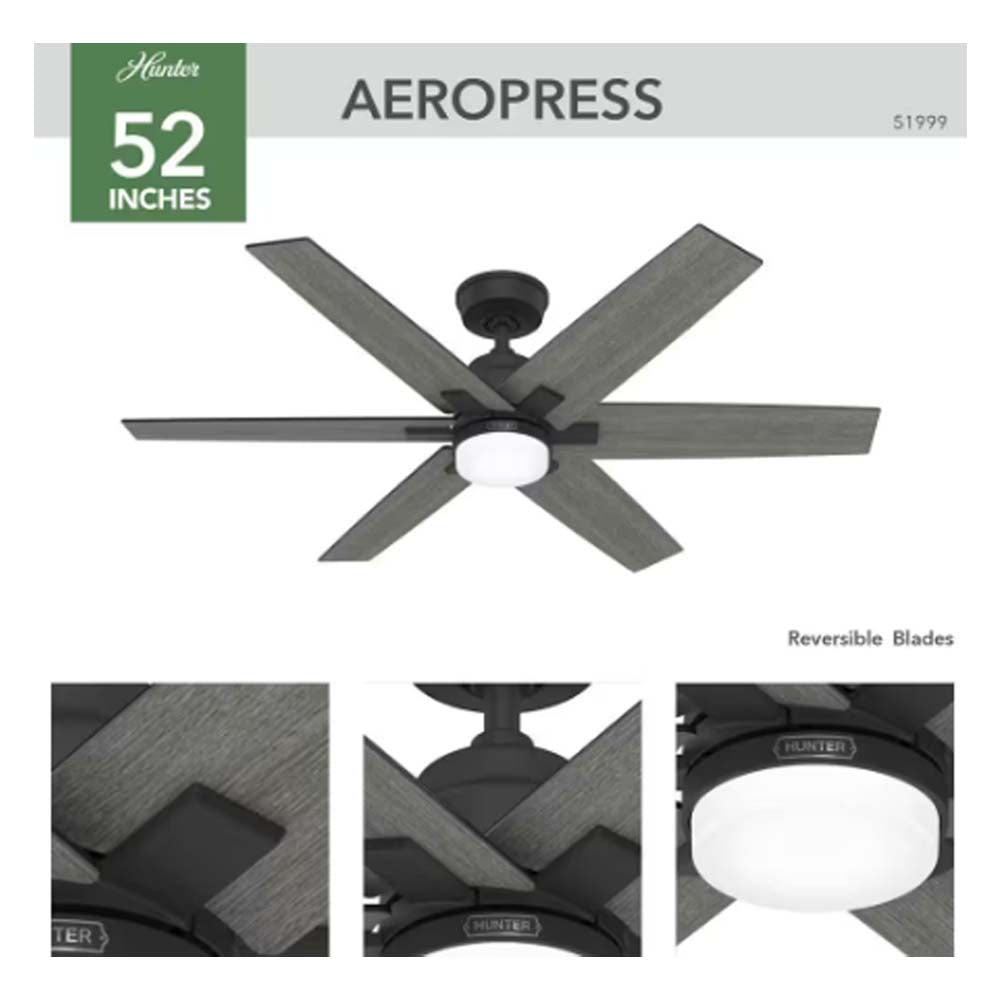 VENTILADOR TECHO 6 ASPAS 52 PULGADAS LED NEGRO MATE AEROEXPRESS 51999 HUNTER
