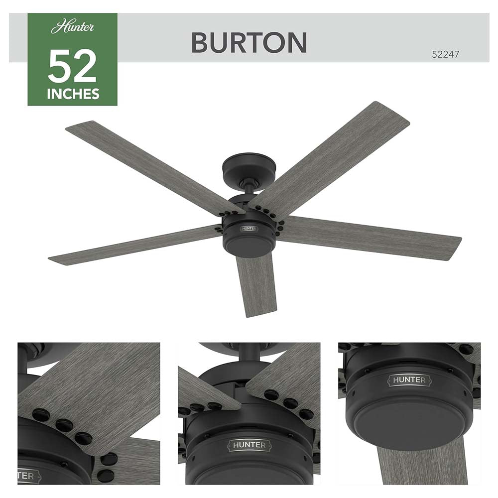 VENTILADOR TECHO 5 ASPAS 52 PULGADAS BURTON EXTERIOR COLOR NEGRO MATE 52247 HUNTER