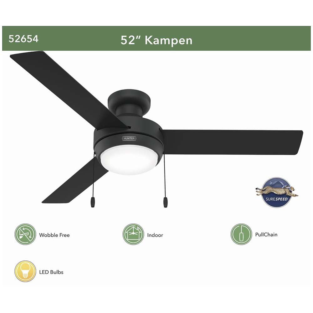 VENTILADOR TECHO 3 ASPAS 52 PULGADAS LED NEGRO MATE 52654 HUNTER
