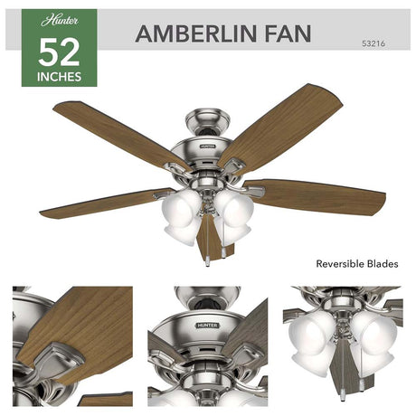 VENTILADOR TECHO 5 ASPAS 52 PULGADAS CON 4 LAMPARAS LED NIQUEL CEPILLADO 53216 HUNTER