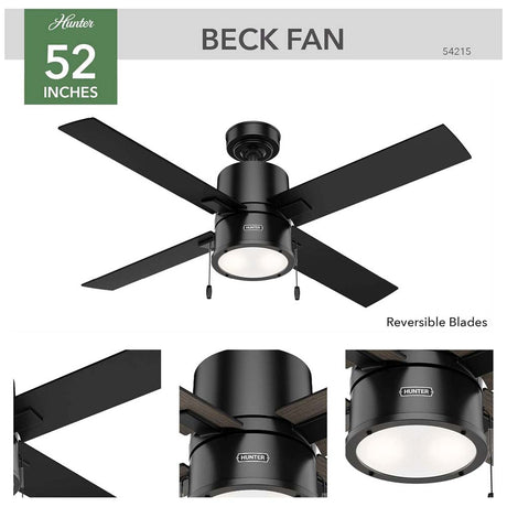 VENTILADOR TECHO 4 ASPAS 52 PULGADAS LED NEGRO MATE 54215 HUNTER