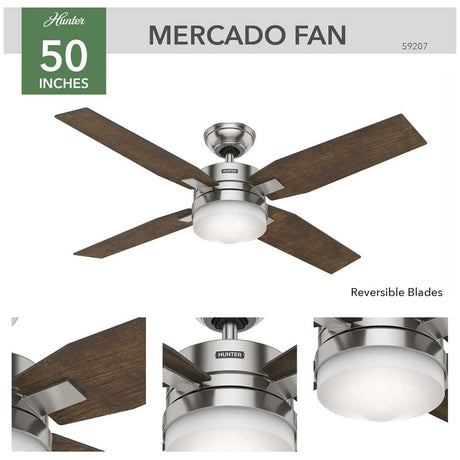 VENTILADOR TECHO 4 ASPAS 50 PULGADAS LED MERCADO NIQUEL CEPILLADO 59207 HUNTER