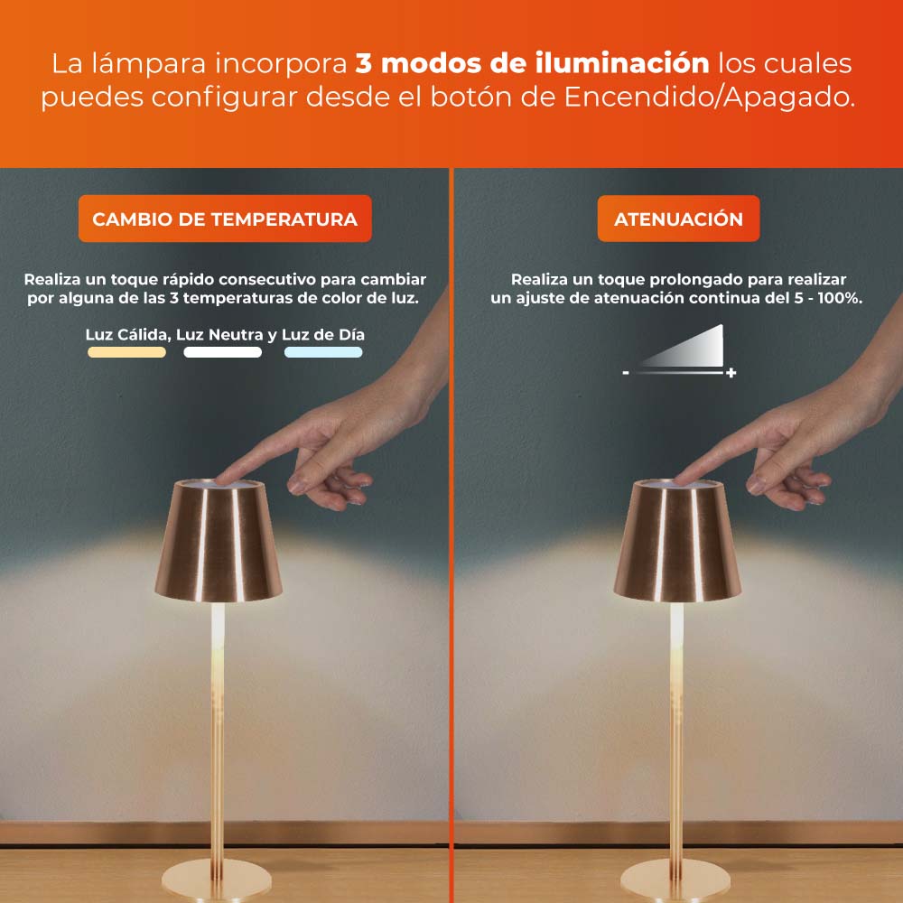 LAMPARA LED DE MESA DE 5 W TACTIL Y RECARGABLE COLOR BRONCE ANTIGUO IMAI II 5DTTLLED11DCCCBA TECNOLITE
