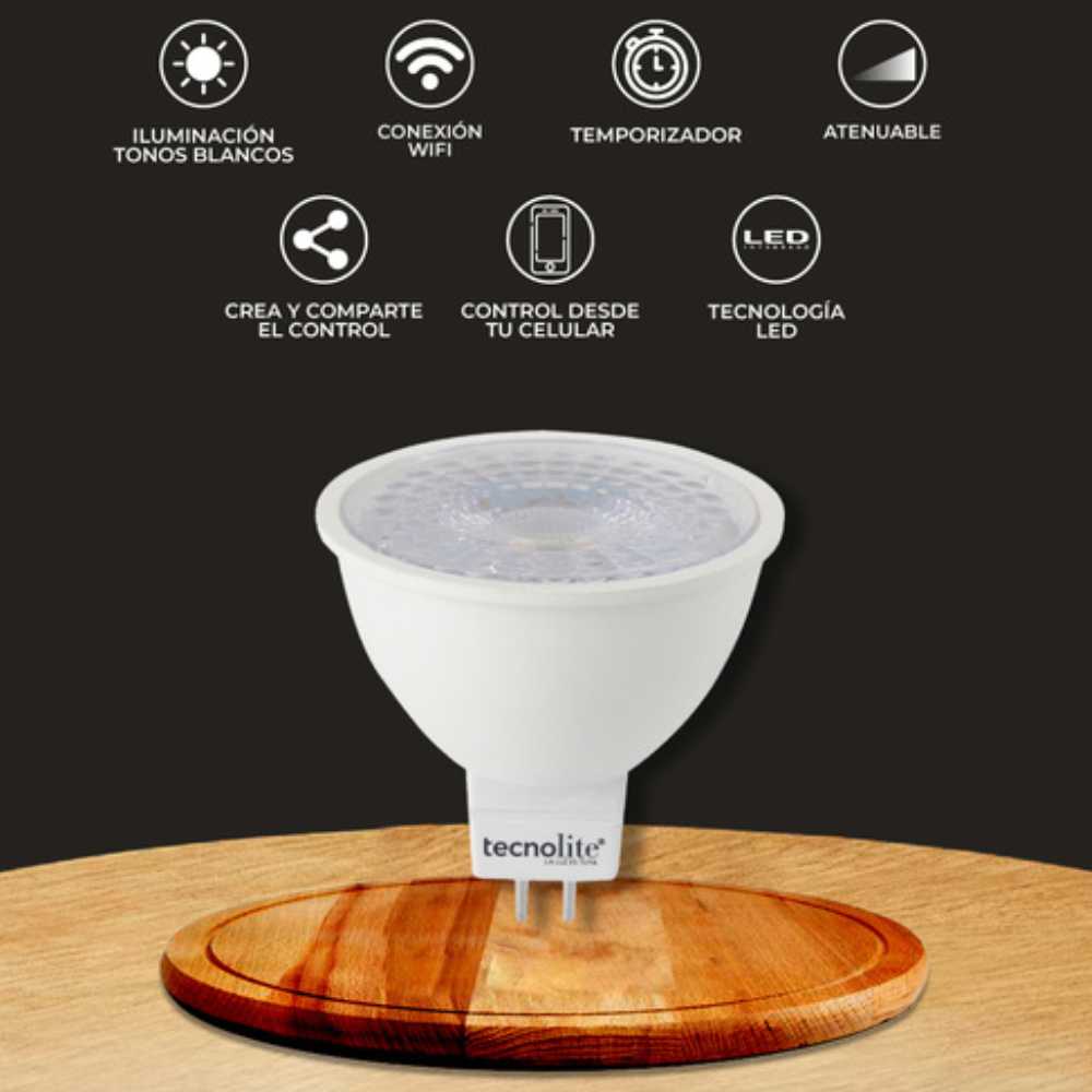 FOCO LED TECNOLITE FLASH SMART 5W LUZ BLANCA DINÁMICA ATENUABLE BASE GX5.3 COMPATIBLE CON APP MÓVIL Y ASISTENTES DE VOZ