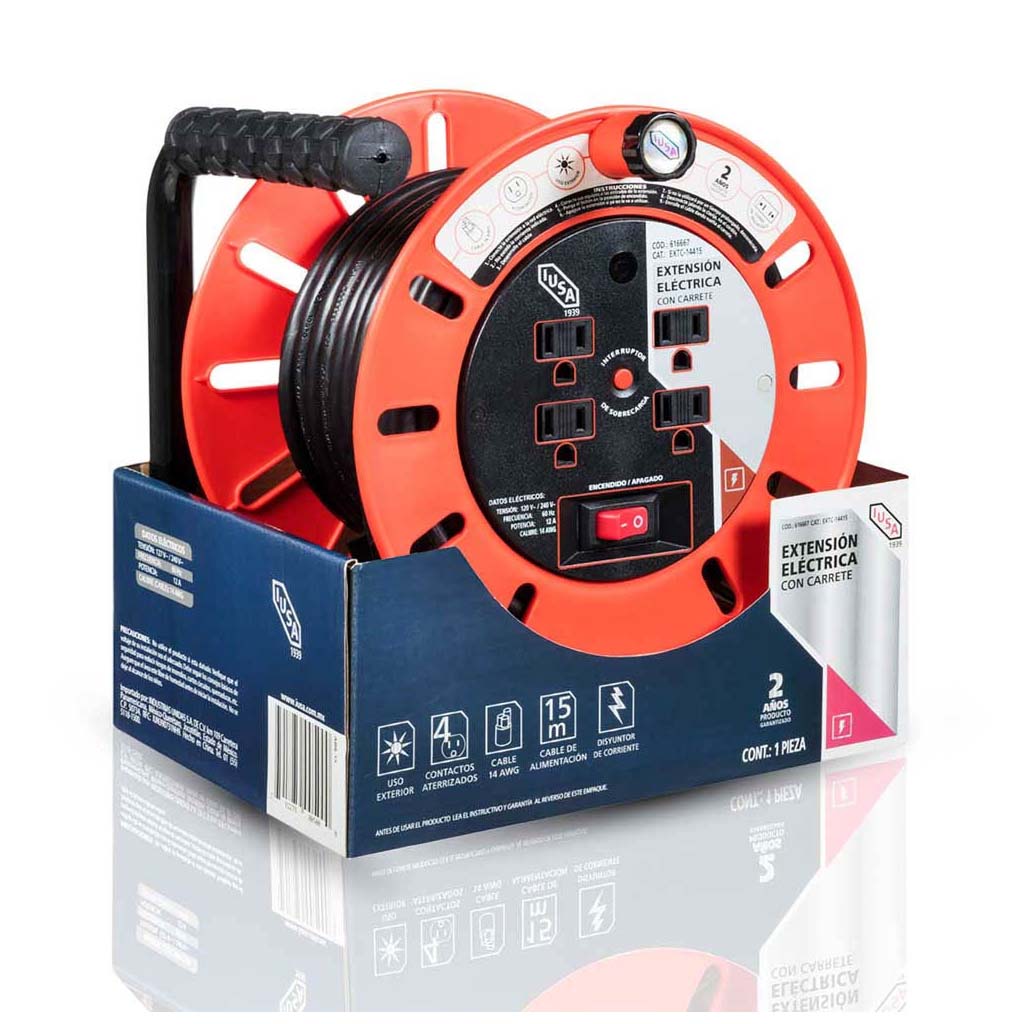 EXTENSION ELECT. C/CARRETE 15 MTS 4 ENT SEG. C/PROT. SOBRECARGA SWITCH ENC-APAG 120/240V 13A 60HZ