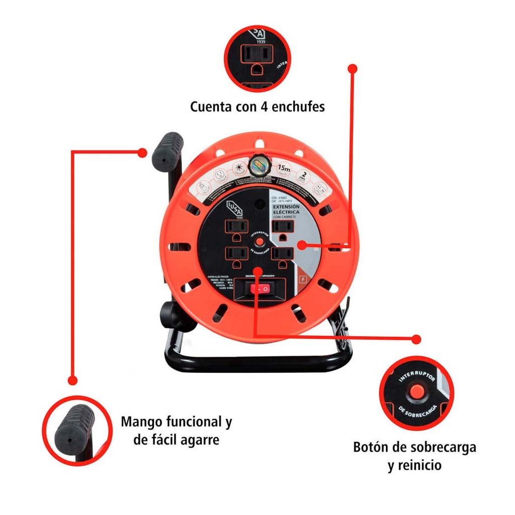 EXTENSION ELECT. C/CARRETE 15 MTS 4 ENT SEG. C/PROT. SOBRECARGA SWITCH ENC-APAG 120/240V 13A 60HZ