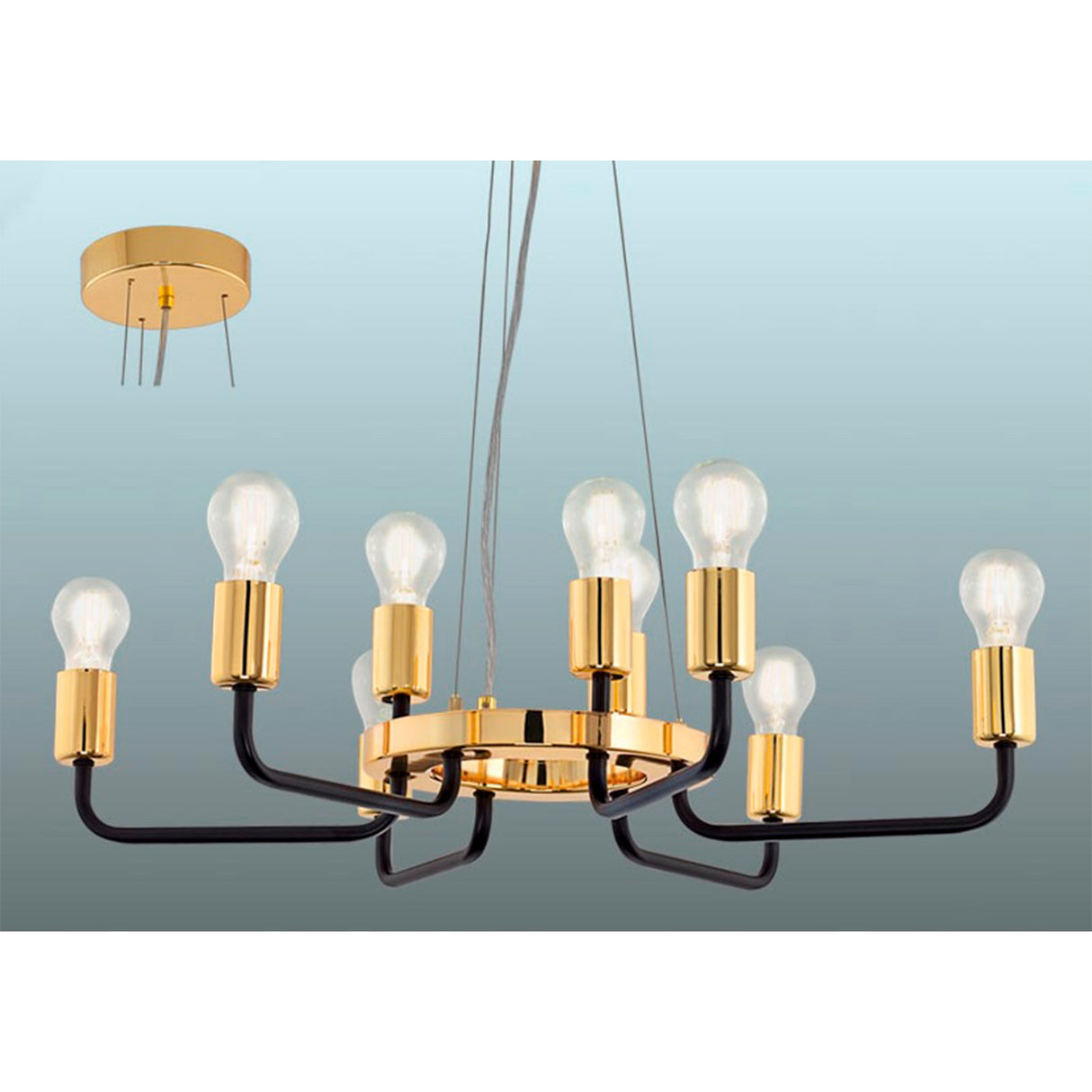 LUMINARIO COLG. 60W. 9 LUCES ACERO DORADO NEGRO MATE E26 S/LAMP. 95216 PALTAS *** HA. LUMI ***