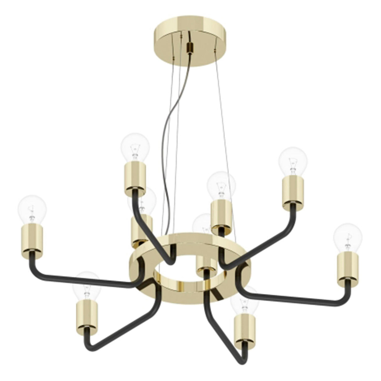 LUMINARIO COLG. 60W. 9 LUCES ACERO DORADO NEGRO MATE E26 S/LAMP. 95216 PALTAS *** HA. LUMI ***