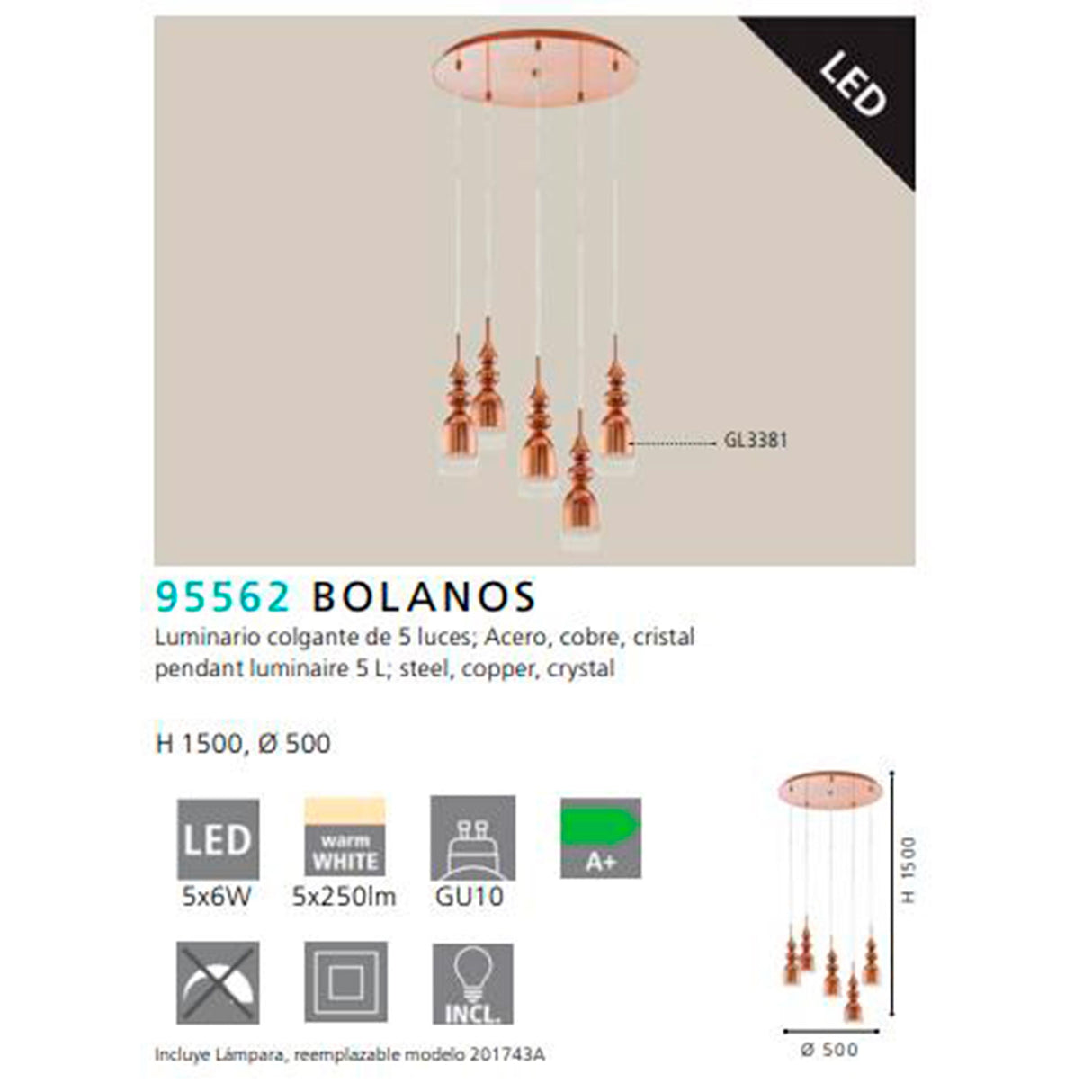 LUMINARIO COLGANTE BOLANOS COBRE 5 LUCES GU10 5X6W (INCLUIDOS) REGULABLE EGLO ***HAE 2024***