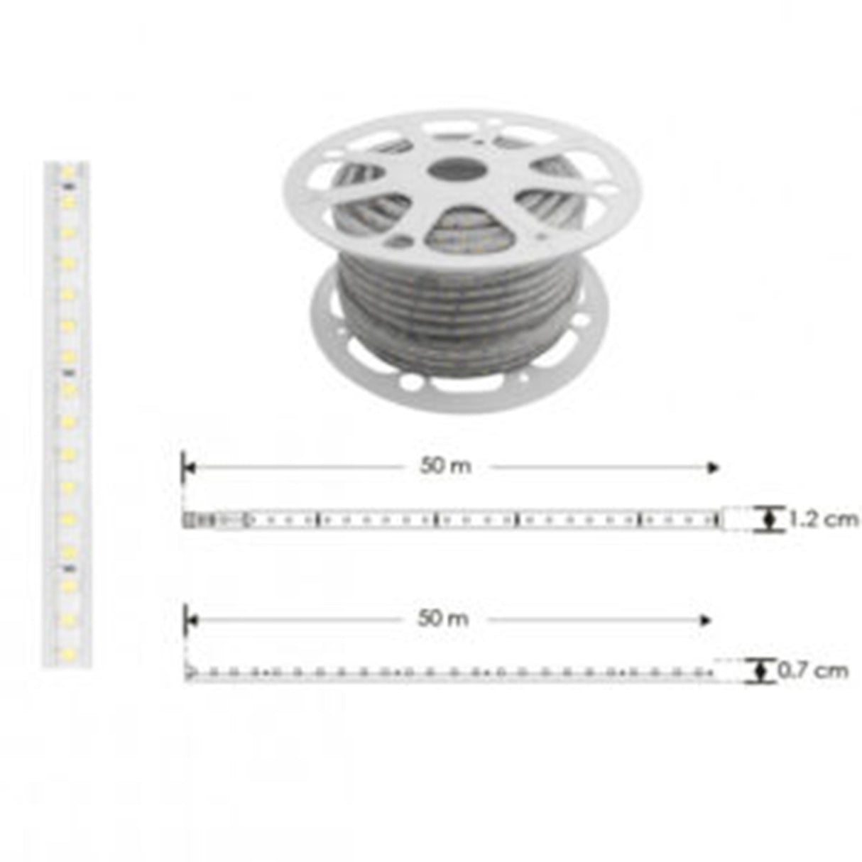 TIRA EXTRAPLANA LED 2835 120LEDS POR M ROLLO 50M BLANCO CALIDO ATENUABLE 120 ENCAPSULADANONWIRE CRI80 127V IP65 ILUMILEDS ***REQUIERE FUENTE TIPO CP O FP***